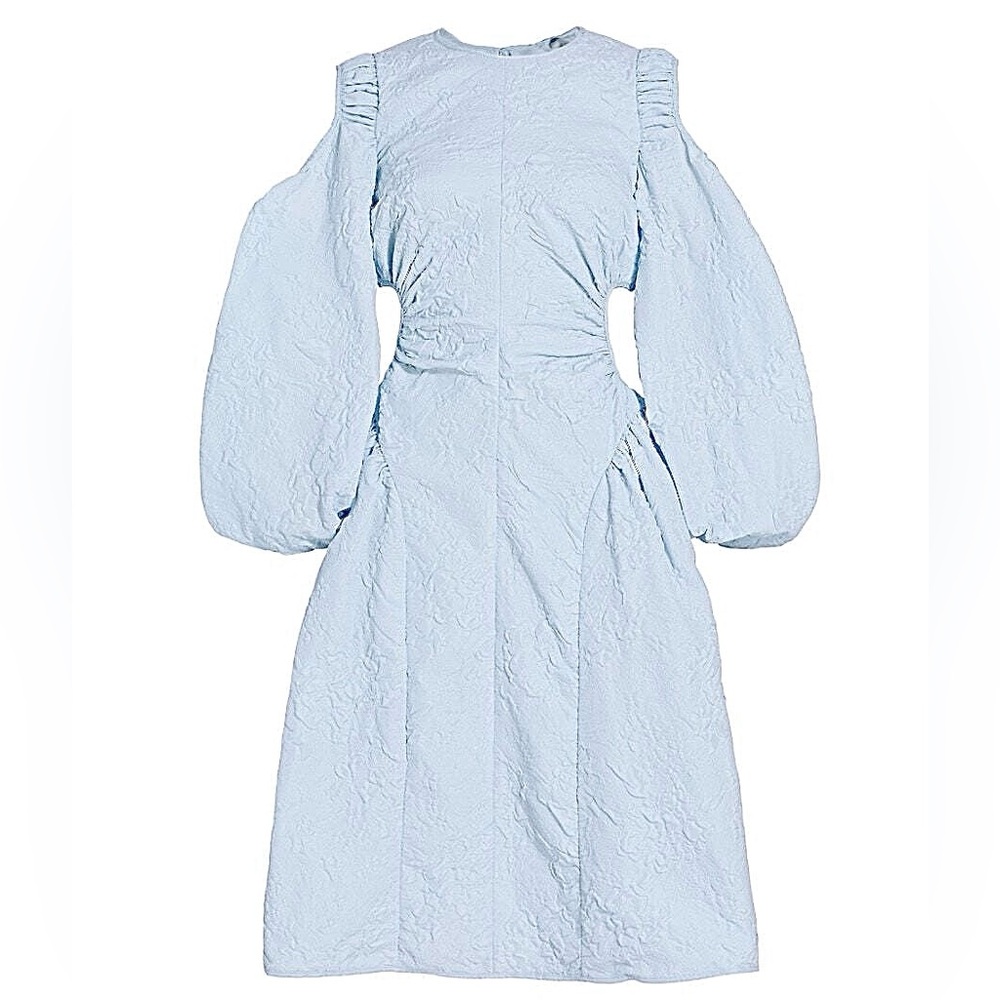CECILIE BAHNSEN Sade Jacquard Cut Out Midi Dress in Mist Blue - Picture 1 of 14